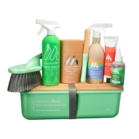 mountainFLOW kit box entretien vélo complet premium : huile, nettoyant, polish, graisse, brosses, chiffons